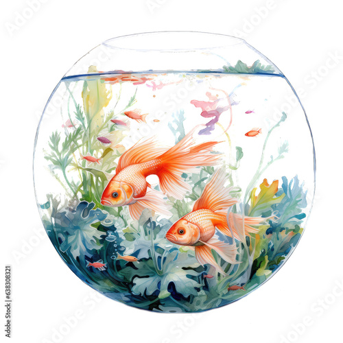 Goldfish swimming in a well-maintained aquarium with algae and corals. Watercolor hand drawn illustration isolated on transparent background  Generative AI