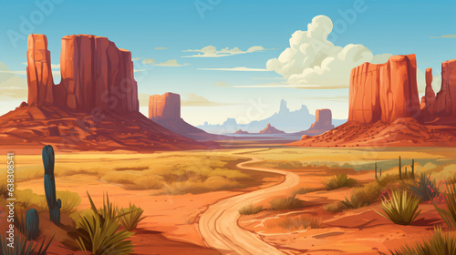 Illustration of a red western desert valley landscape