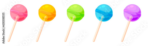 Sweet cute lollipop round on stick colorful flat set. Hard sugar candy caramel bonbon fruit berry rainbow colors glossy clear dessert holidays icon lolly cartoon snack isolated white background