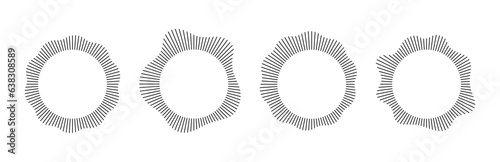 Radial wave sound lines. Circular frame. Sound circle ring. Wavy roun frame. Radial sun rays symbol. Wavy geometric silhouette. Abstract design element. Vector illustration on white background.
