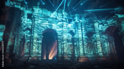 Ancient ruins adorned with holographic projections of their former glory   generative AI