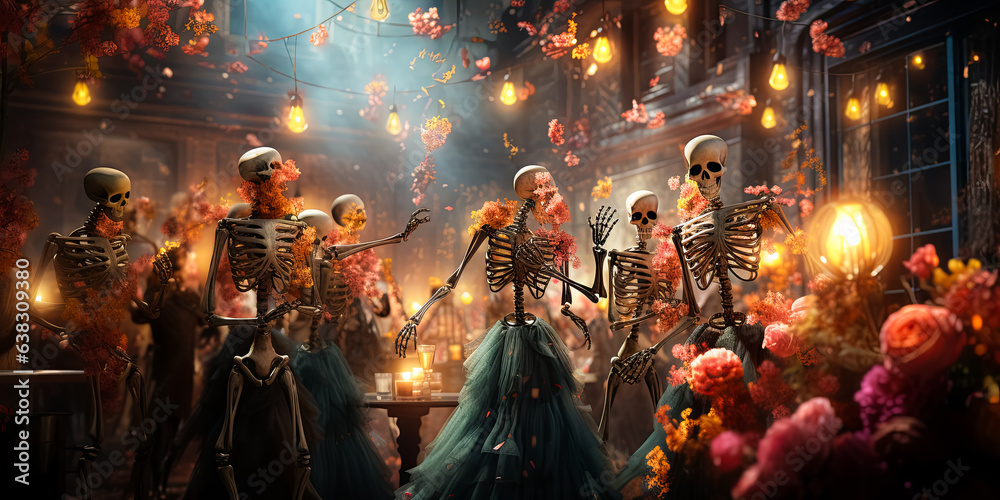 illustration of festive dressed skeletons at ball, costume Halloween party