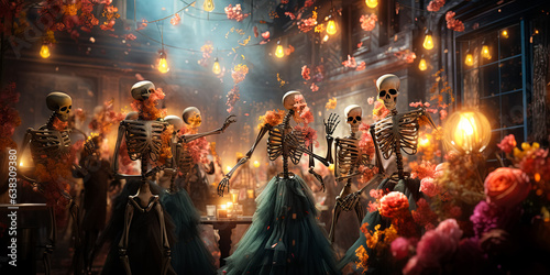 illustration of festive dressed skeletons at ball, costume Halloween party © zamuruev