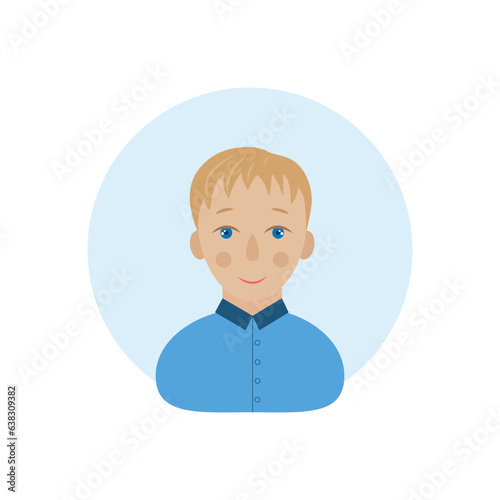 A boy with blond hair. A blue-eyed boy in a blue shirt. The avatar of the child. Smiling guy in cartoon style. Vector illustration