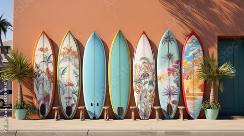 In the background are doors and windows with colorful facades with surfboards hanging on them.