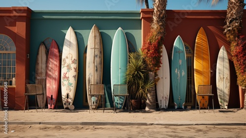 In the background are doors and windows with colorful facades with surfboards hanging on them. © ND STOCK