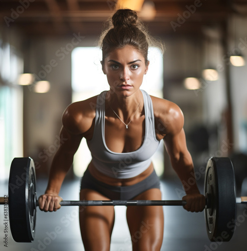 The woman is lifting a heavy weight in a deadlift, fitness stock photos