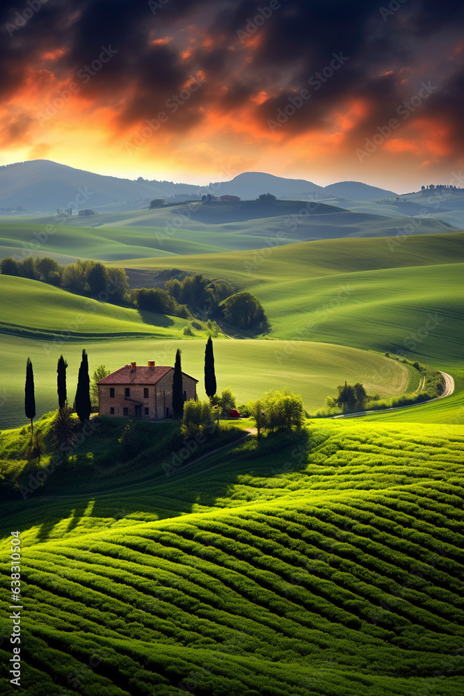 Naklejka premium Generative AI landscape illustration of Tuscany valley in Italy at sunset time