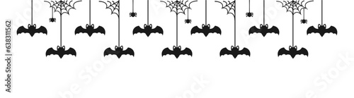 Happy Halloween banner border with bats hanging from spider webs silhouette. Spooky Ornaments Decoration Vector illustration, trick or treat party invitation