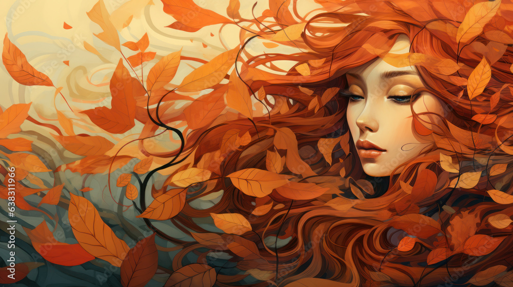 illustration of woman face with leaves autumn