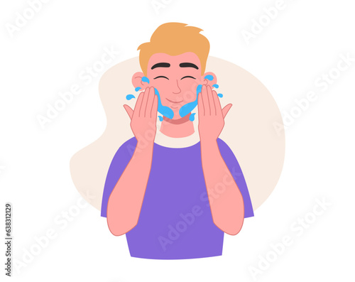Skin care. Man washes herself with water or rinses off the product. Vector graphic.
