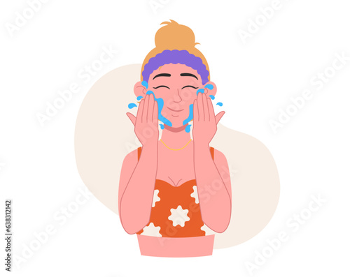 	
Skin care. Woman washes herself with water or rinses off the product. Vector graphic.