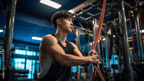 Young man using ropes at fitness gym  fitness stock photos