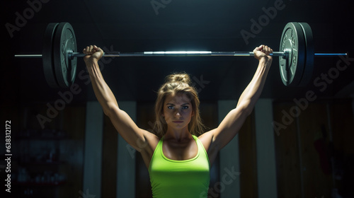 A young woman with a barbell lifting up, fitness stock photos