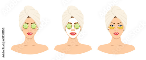 Vector set of a woman in a towel and a mask on her face and cucumbers on her eyes, woman with patches on her eyes. Skin care. Spa for the face. 