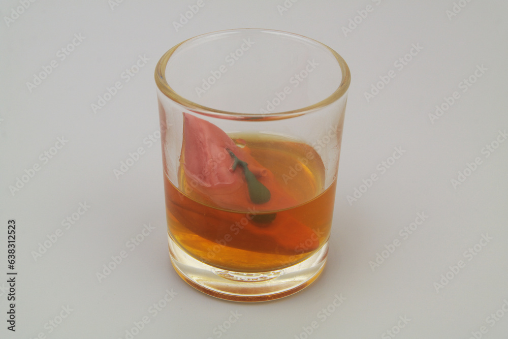 Effect of alcohol on the liver concept. Liver in whiskey glass. Effect of alcohol on the liver concept. Liver in whiskey glass.