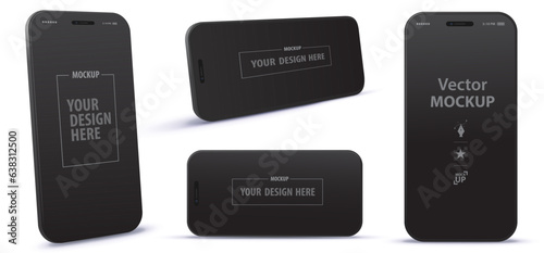 Black Mobile Phone Vector Illustrations. Realistic Smartphone mockup set with different perspective screen views.