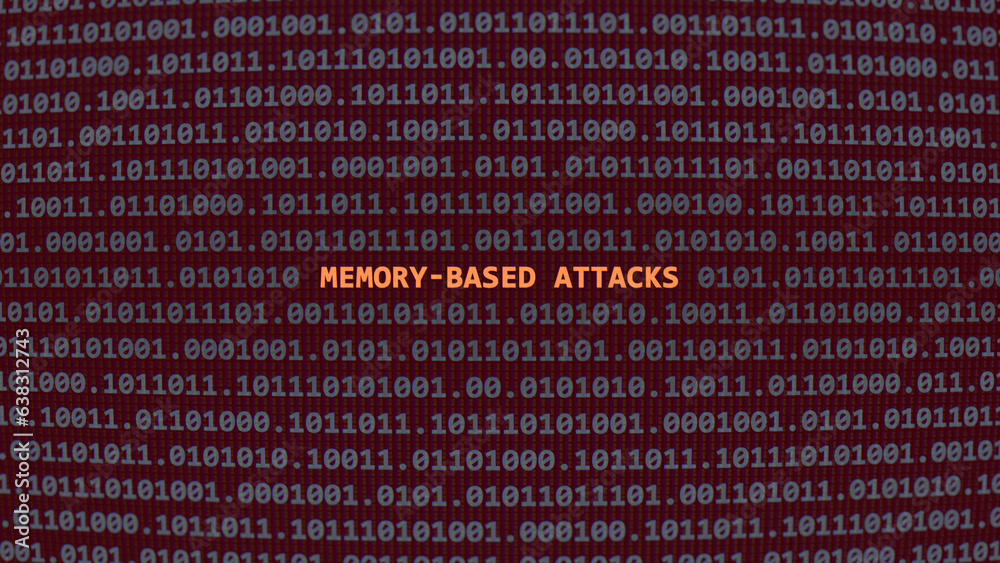 Cyber attack memory-based attacks. Vulnerability text in binary system ascii art style, code on editor screen. Text in English, English text Cyber attack memory-based attacks. Vulnerability text in binary system ascii art style, code on editor screen. Text in English, English text