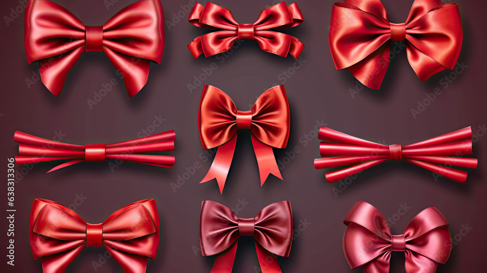 Set of Red silk ribbons with bows festive decor satin rose, luxury elements for holiday packaging and design. ribbon bow. Generative Ai Set of Red silk ribbons with bows festive decor satin rose, luxury elements for holiday packaging and design. ribbon bow. Generative Ai