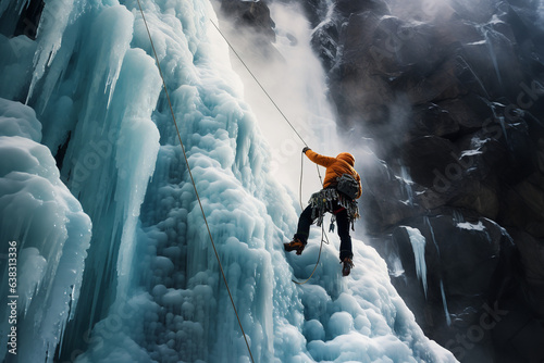 An intrepid ice climber masters a frozen waterfall, wielding axes as trusty tools, exemplifying determination in harsh conditions