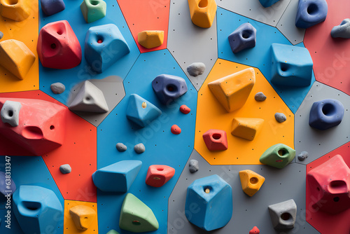 Indoor climbing wall adorned with vibrant holds, demarcating varying degrees of difficulty, inviting climbers to test their skills photo