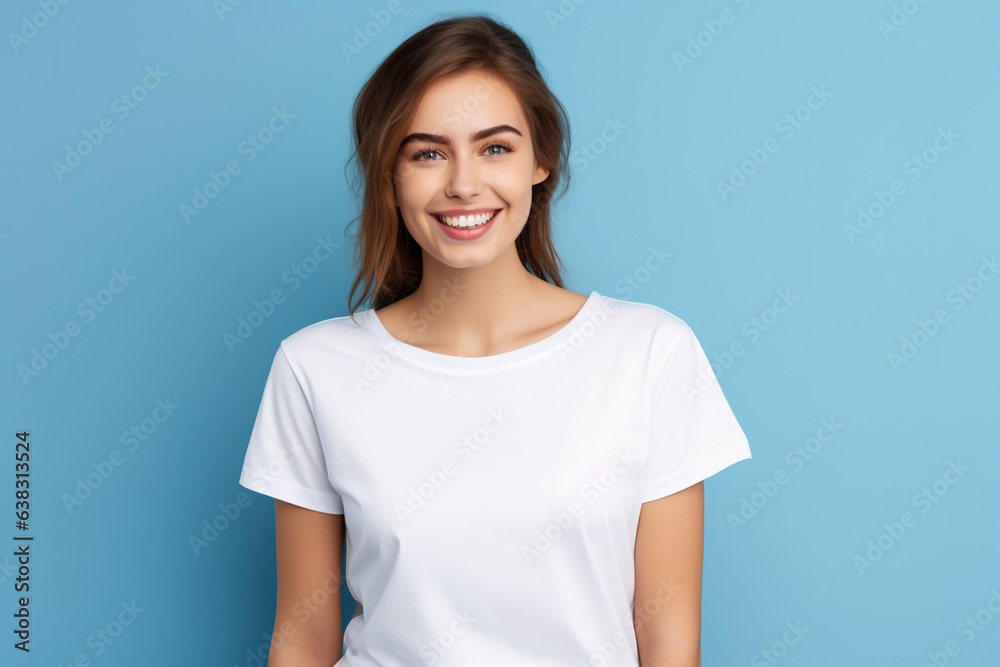 Young smiling caucasian woman wearing blank white t-shirt isolated on a blue background. AI Young smiling caucasian woman wearing blank white t-shirt isolated on a blue background. AI