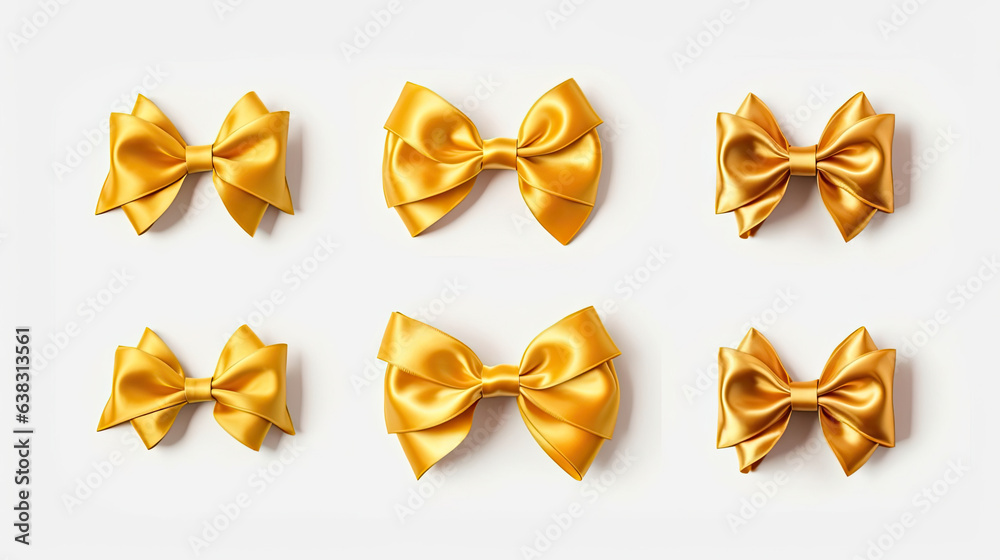 Set of decorative golden bows with horizontal yellow ribbon isolated on white background. Generative Ai
