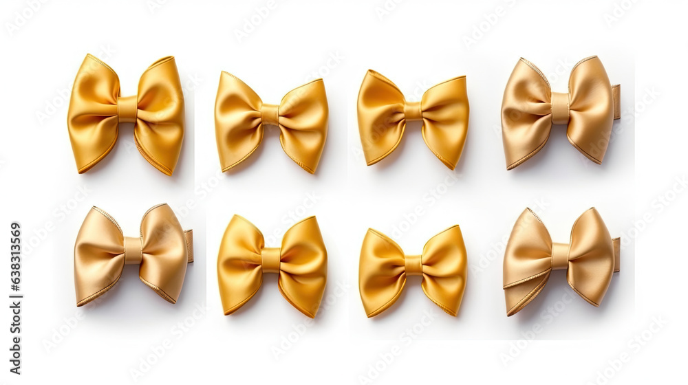 Set of decorative golden bows with horizontal yellow ribbon isolated on white background. Generative Ai