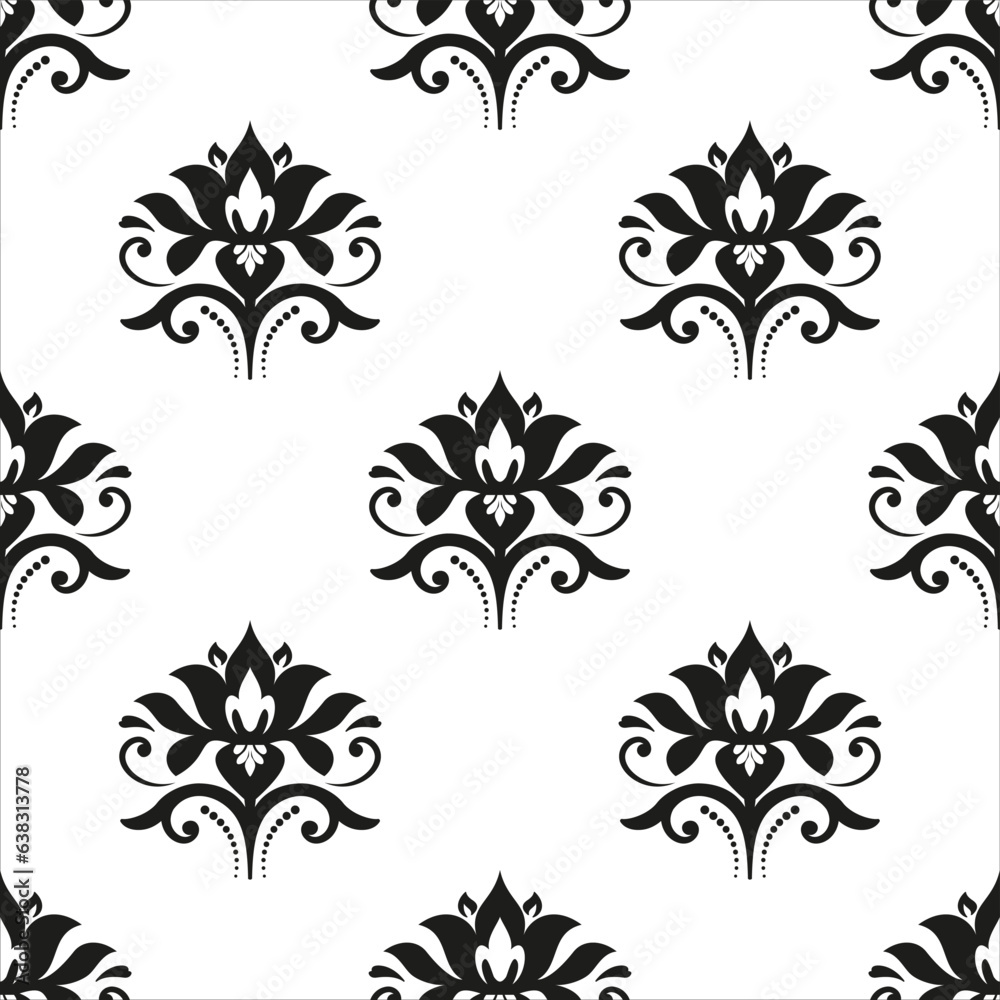 Floral vector ornament. Seamless abstract classic black and white background with flowers. Pattern with repeating floral elements. Ornament for wallpaper and packaging