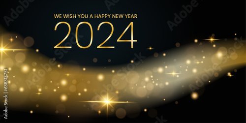 We wish you a Happy New Year 2024 shining sparkler abstract shiny and glitter effect on dark background. greeting card.