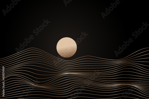 Minimalist landscape golden linear mountains sunset sunrise. Golden sand mountains on dark background, Vector luxury design for wallpaper, poster, banner and wall art.