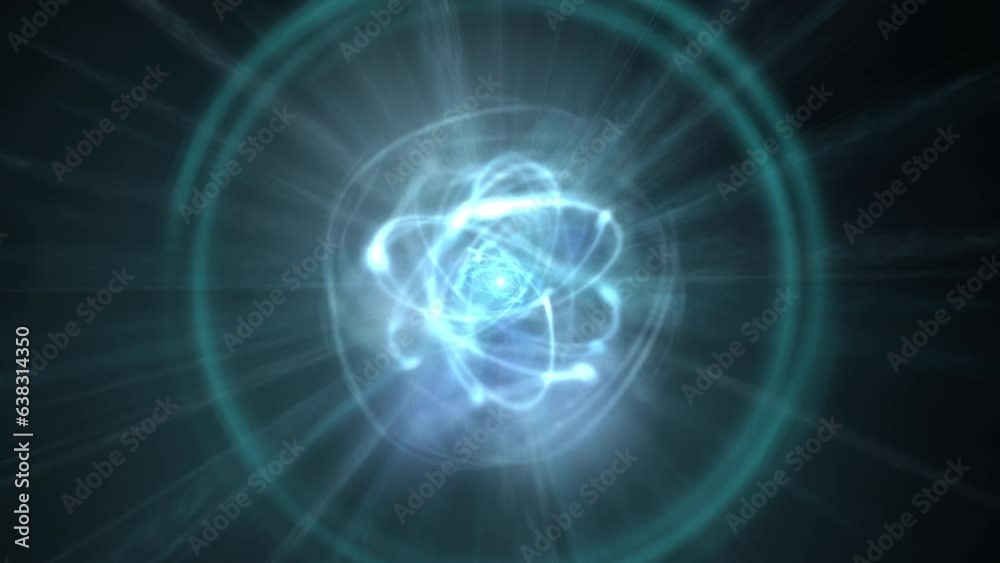 Atomic structure simulation with expanding light rings, multiple electron orbit levels and decay spikes emanating from nucleus.