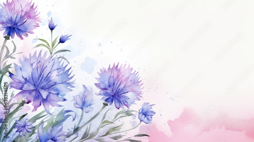 Blue watercolour cornflower knapweed centaurea flower banner with copy space. Floral blossom concept - obrazy, fototapety, plakaty 