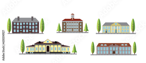 Flat City Vintage Houses with Trees Isolated. Town infrastructure concept vector art