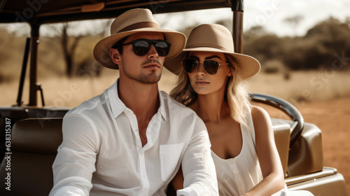 male and woman couple on vacation, Jeep safari ride to discover the wildlife animals, exploring the savanna 