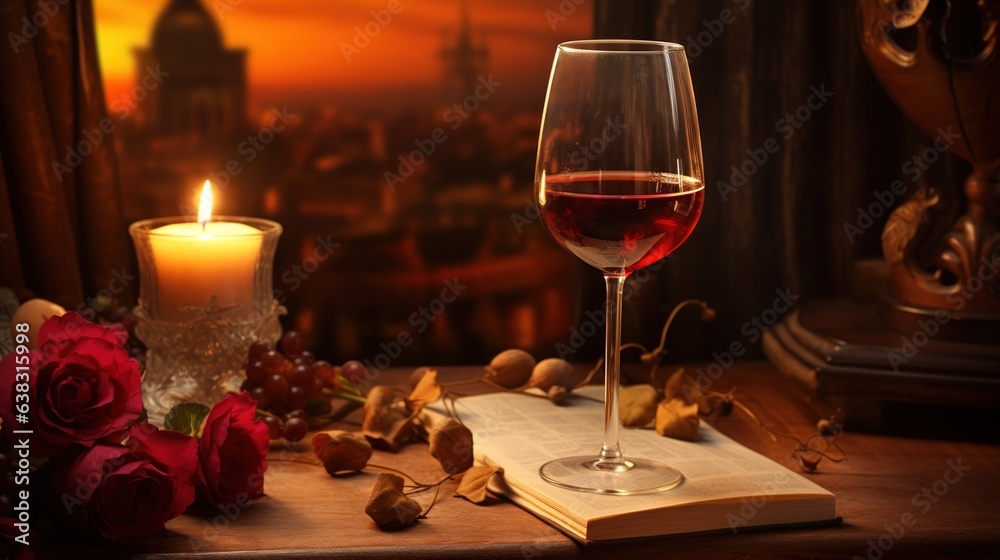 romantic glass of red wine, vintage atmosphere