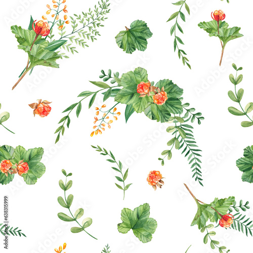 Seamless watercolor pattern with cloudberry leaves and berries, fern, green branches, yellow wildflowers. Botanical summer hand drawn illustration. Can be used for gift wrapping paper, kitchen textile
