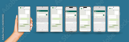 Hand holds the smartphone with messenger application. Mobile phone in man’s hand. Flat vector modern phone mock-up illustration.
