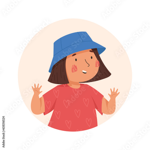 Happy little girl with panama. Vector cartoon illustration. Funny kids characters. Child in the colorful circle and the white background. Ideal for avatar, portrait, stickers