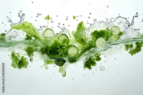 Fresh green vegetables in water splash on white background. Healthy Food and drink concept. Generative AI illustration.