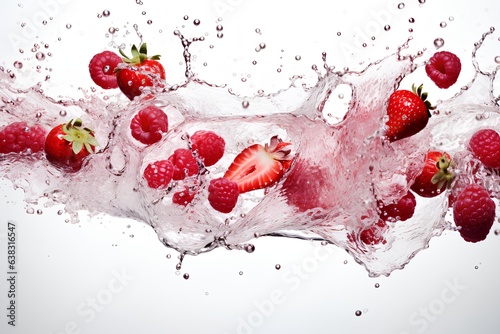 Strawberries and raspberries splashing in water, isolated on white background. Generative AI illustration.
