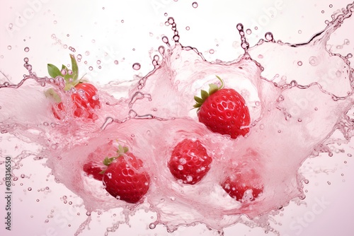 Strawberries and raspberries splashing in water, isolated on white background. Generative AI illustration.
