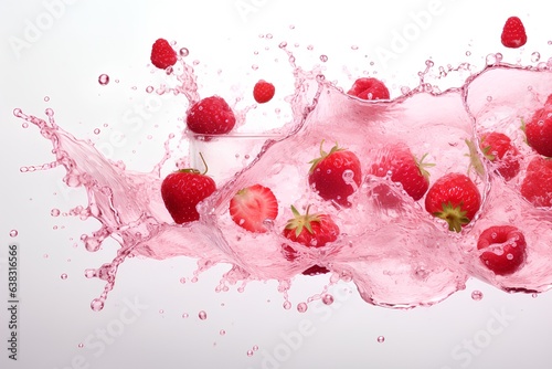 Strawberries and raspberries splashing in water, isolated on white background. Generative AI illustration.