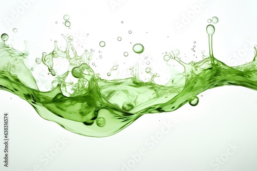 A splash of green liquid on a white background. The liquid is slightly translucent and has a few bubbles on the surface. Close up of green water splash. Generative AI illustration.