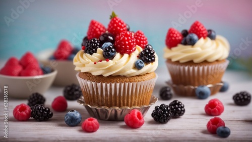Cupcake with butter cream and russberry curd. Decorated with berries on beautiful and fancy wodden surface