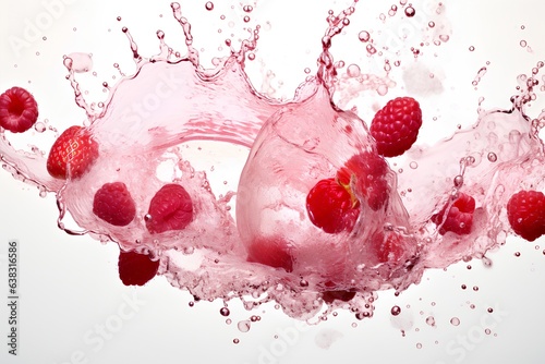 Strawberries and raspberries splashing in water, isolated on white background. Generative AI illustration.