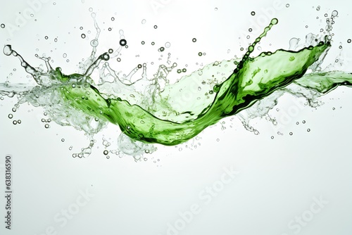 A splash of green liquid on a white background. The liquid is slightly translucent and has a few bubbles on the surface. Close up of green water splash. Generative AI illustration.