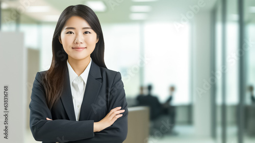 Stylish Asian businesswoman close up corporate leader wearing suit standing arms crossed in office, happy female employee. 
