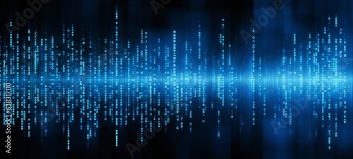 Blue digital binary data on computer screen background. Banner.