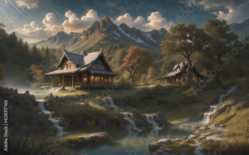 Mountain and lake Landscape. Cartoon mountains, forest and river scene. Wildlife mystical, Hiking adventure © Frozen Design
